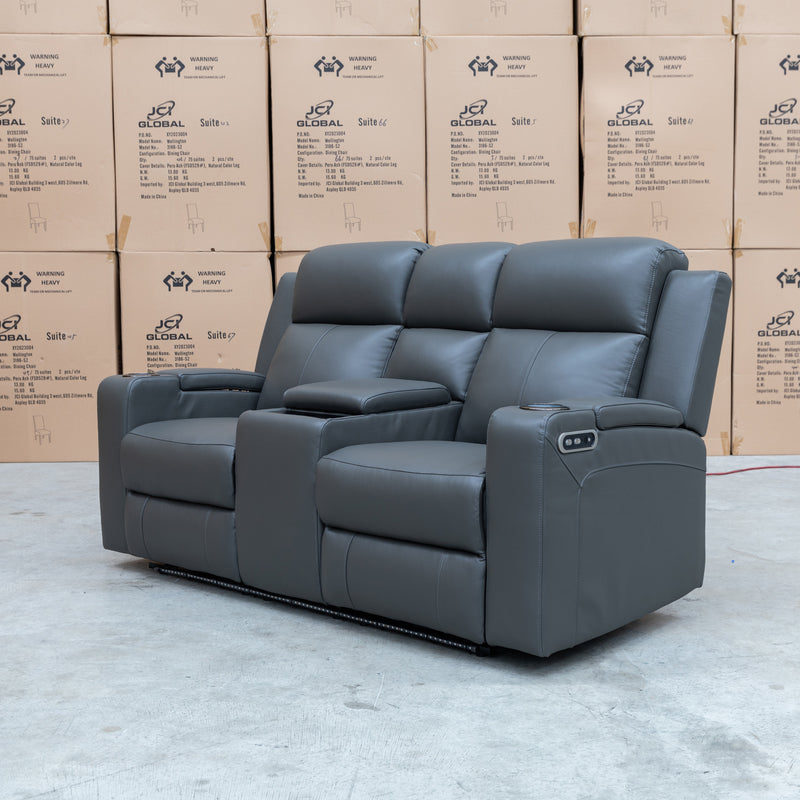 The Xanadu Two Seater Dual Motor Electric Recliner Theatre - Storm Leather available to purchase from Warehouse Furniture Clearance at our next sale event.