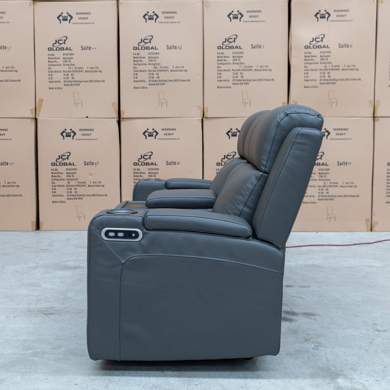 The Xanadu Two Seater Dual Motor Electric Recliner Theatre - Storm Leather available to purchase from Warehouse Furniture Clearance at our next sale event.