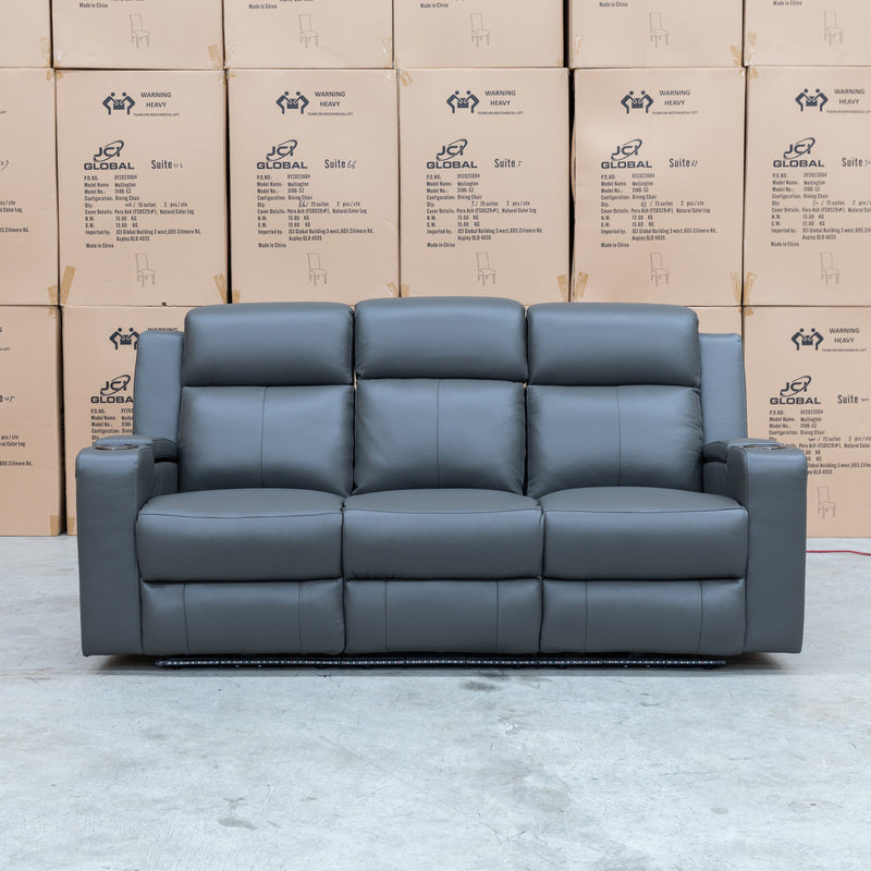 The Xanadu Three Seater Dual Motor Electric Recliner Lounge - Storm Leather available to purchase from Warehouse Furniture Clearance at our next sale event.