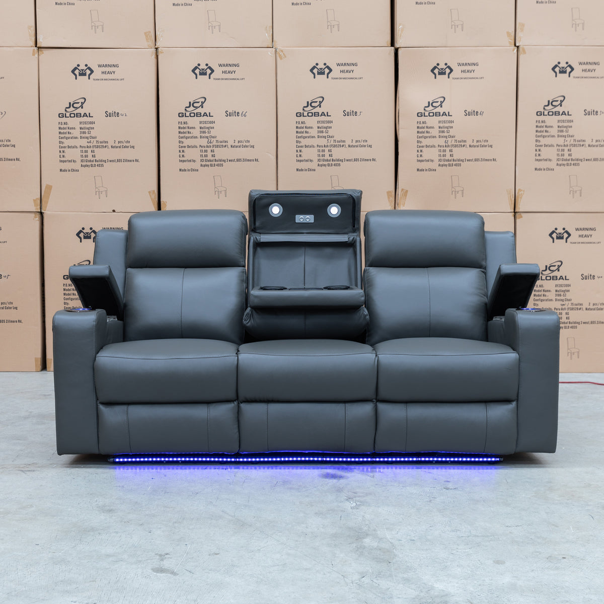 The Xanadu Three Seater Dual Motor Electric Recliner Lounge - Storm Leather available to purchase from Warehouse Furniture Clearance at our next sale event.