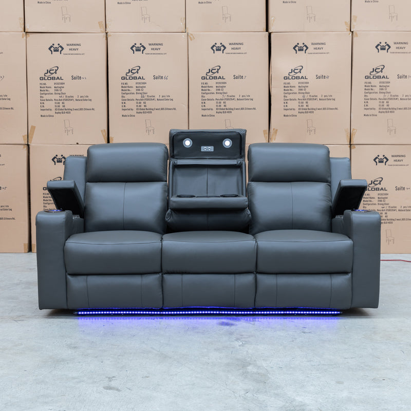 The Xanadu Three Seater Dual Motor Electric Recliner Lounge - Storm Leather available to purchase from Warehouse Furniture Clearance at our next sale event.