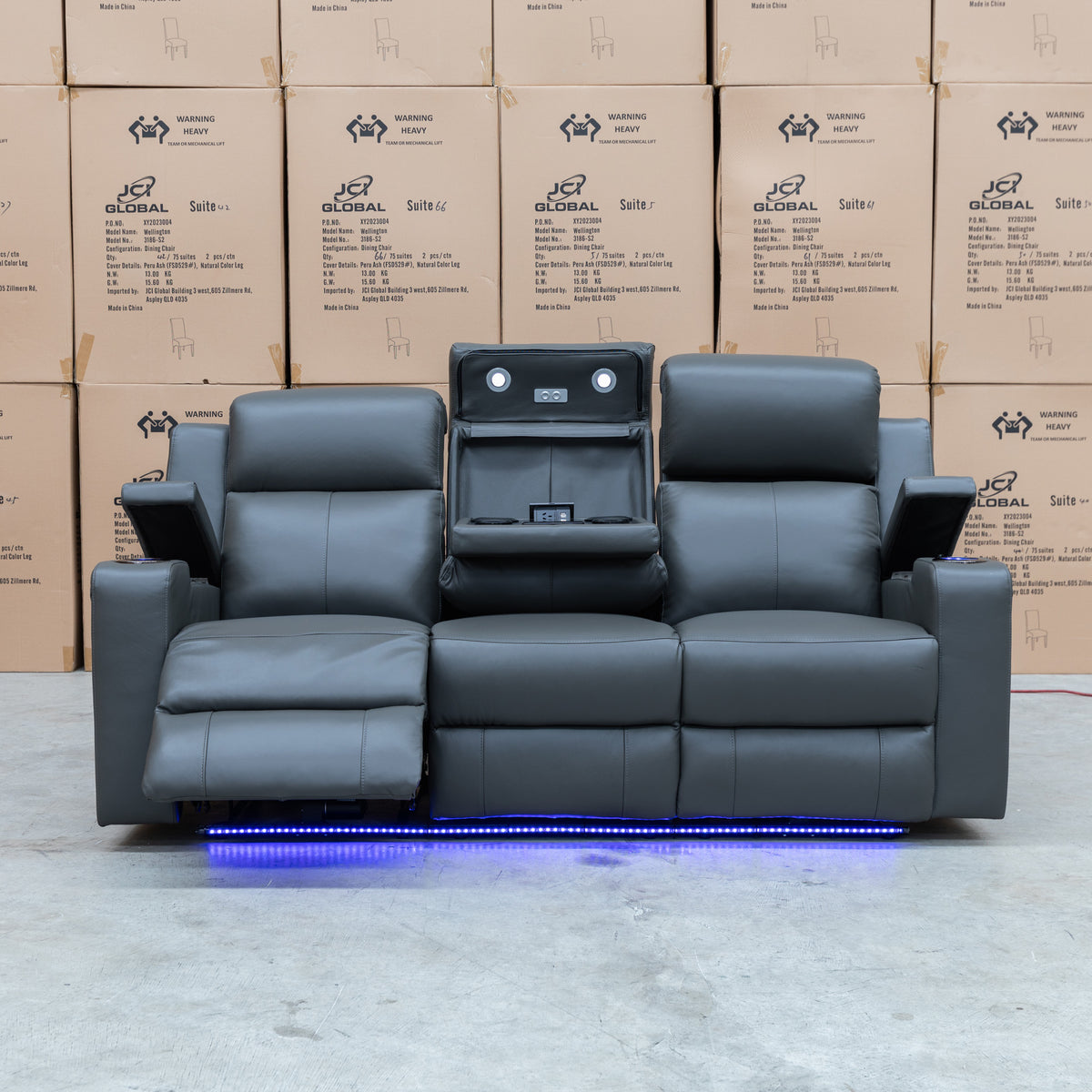 The Xanadu Three Seater Dual Motor Electric Recliner Lounge - Storm Leather available to purchase from Warehouse Furniture Clearance at our next sale event.