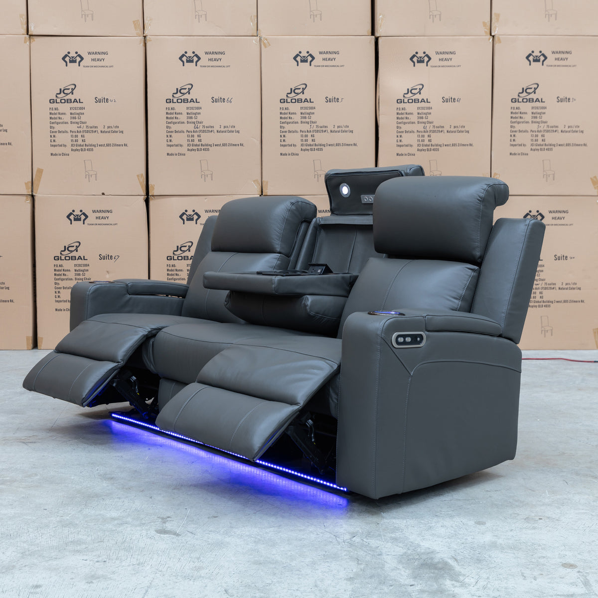 The Xanadu Three Seater Dual Motor Electric Recliner Lounge - Storm Leather available to purchase from Warehouse Furniture Clearance at our next sale event.