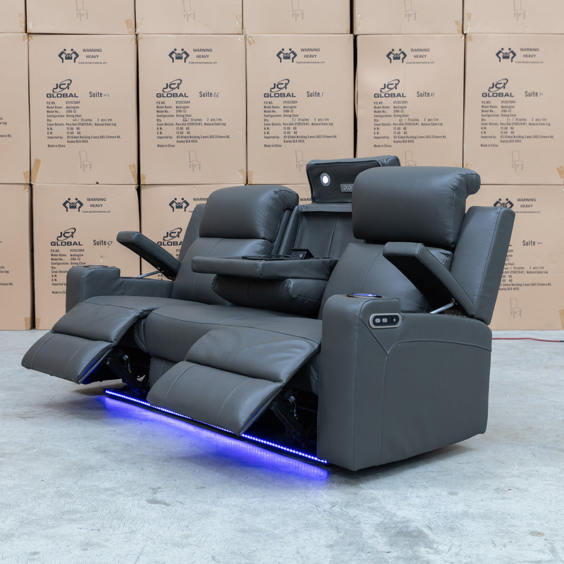 The Xanadu Three Seater Dual Motor Electric Recliner Lounge - Storm Leather available to purchase from Warehouse Furniture Clearance at our next sale event.
