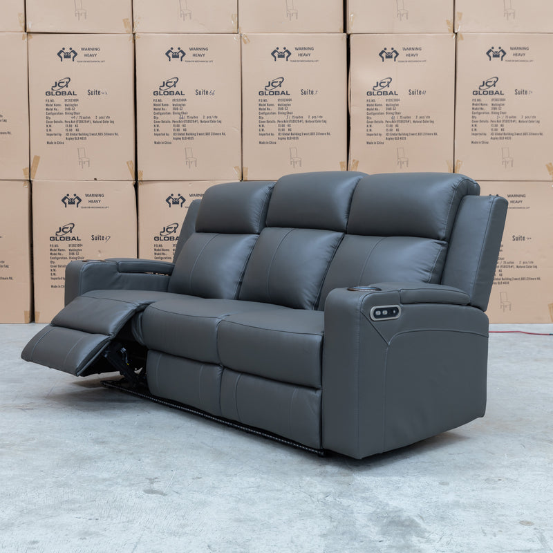 The Xanadu Three Seater Dual Motor Electric Recliner Lounge - Storm Leather available to purchase from Warehouse Furniture Clearance at our next sale event.