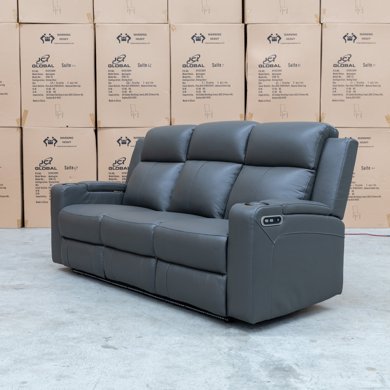 The Xanadu Three Seater Dual Motor Electric Recliner Lounge - Storm Leather available to purchase from Warehouse Furniture Clearance at our next sale event.