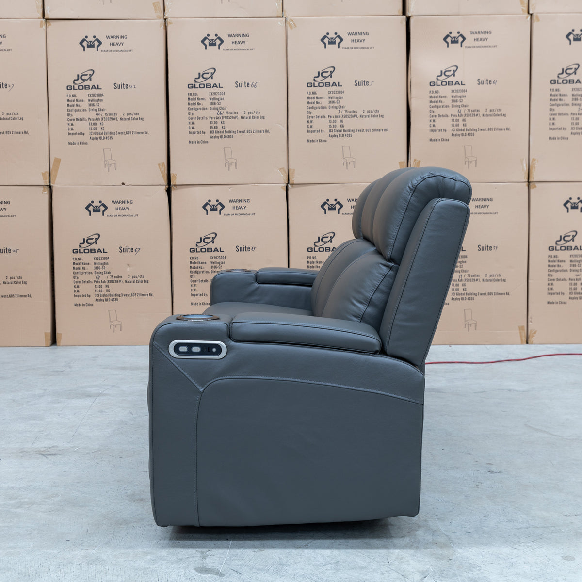 The Xanadu Three Seater Dual Motor Electric Recliner Lounge - Storm Leather available to purchase from Warehouse Furniture Clearance at our next sale event.