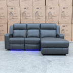 The Xanadu Dual Motor Electric Chaise Lounge - Storm Leather available to purchase from Warehouse Furniture Clearance at our next sale event.