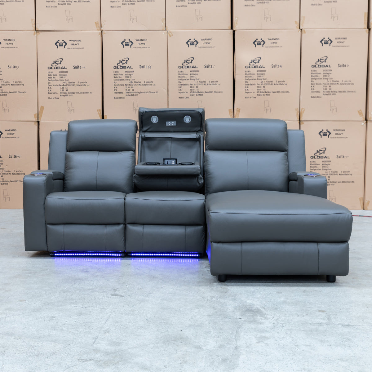The Xanadu Dual Motor Electric Chaise Lounge - Storm Leather available to purchase from Warehouse Furniture Clearance at our next sale event.