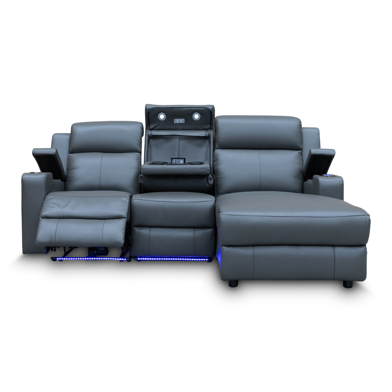 The Xanadu Dual Motor Electric Reclining Chaise Lounge - Storm Leather available to purchase from Warehouse Furniture Clearance at our next sale event.