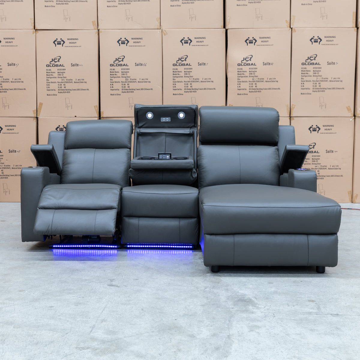 The Xanadu Dual Motor Electric Chaise Lounge - Storm Leather available to purchase from Warehouse Furniture Clearance at our next sale event.