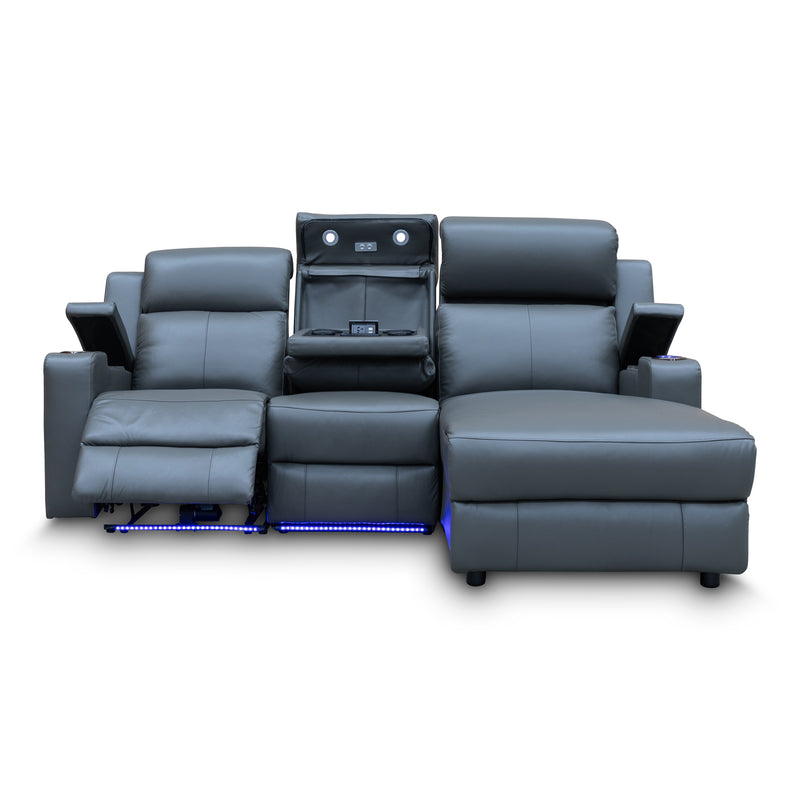 The Xanadu Dual Motor Electric Reclining Chaise Lounge - Storm Leather available to purchase from Warehouse Furniture Clearance at our next sale event.