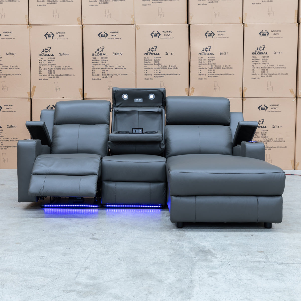 The Xanadu Dual Motor Electric Chaise Lounge - Storm Leather available to purchase from Warehouse Furniture Clearance at our next sale event.