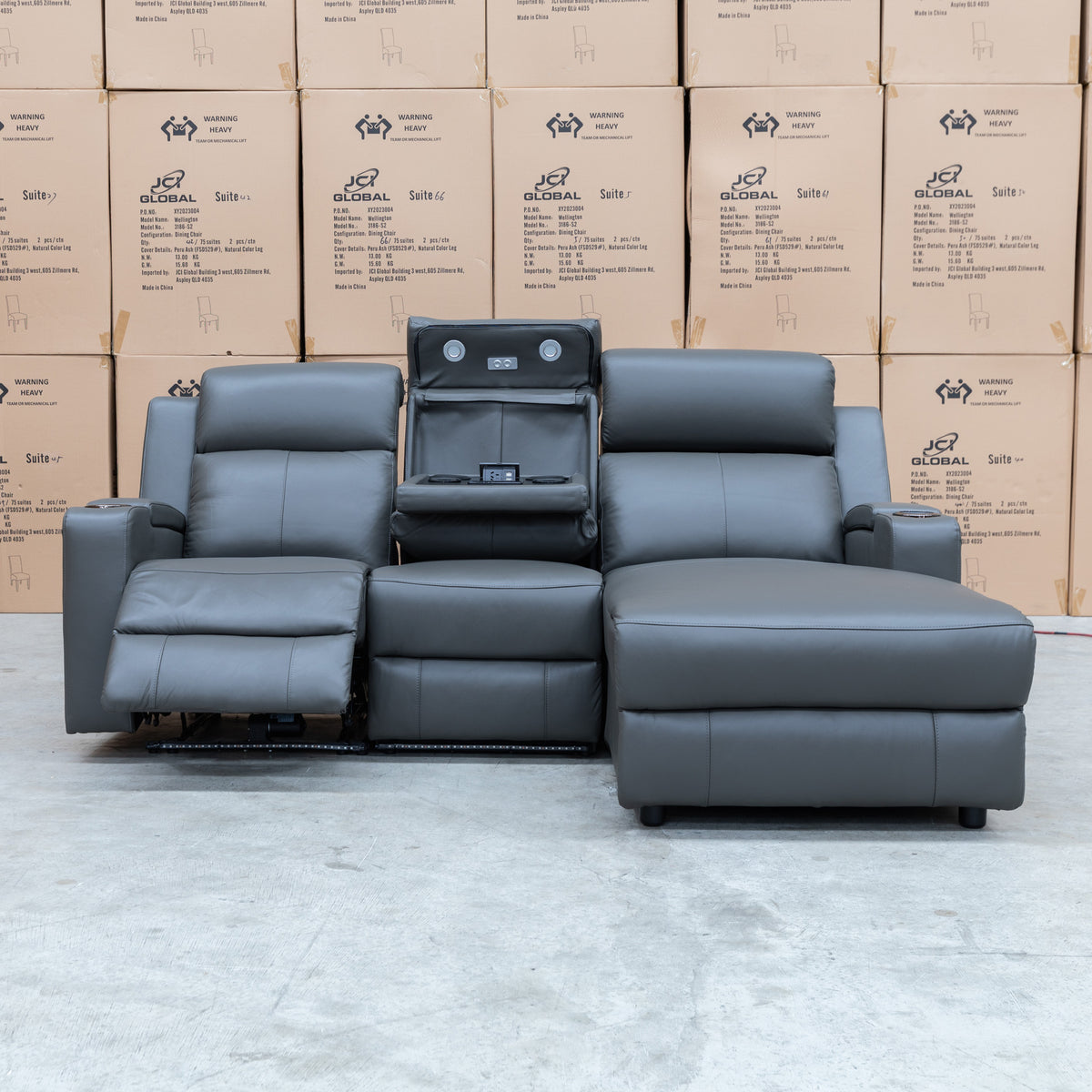 The Xanadu Dual Motor Electric Chaise Lounge - Storm Leather available to purchase from Warehouse Furniture Clearance at our next sale event.