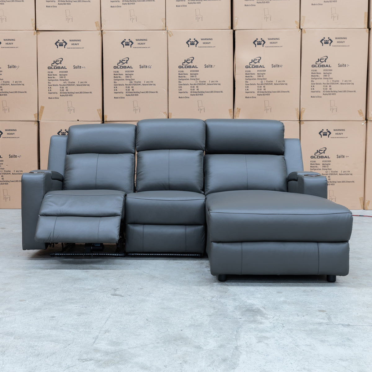The Xanadu Dual Motor Electric Chaise Lounge - Storm Leather available to purchase from Warehouse Furniture Clearance at our next sale event.