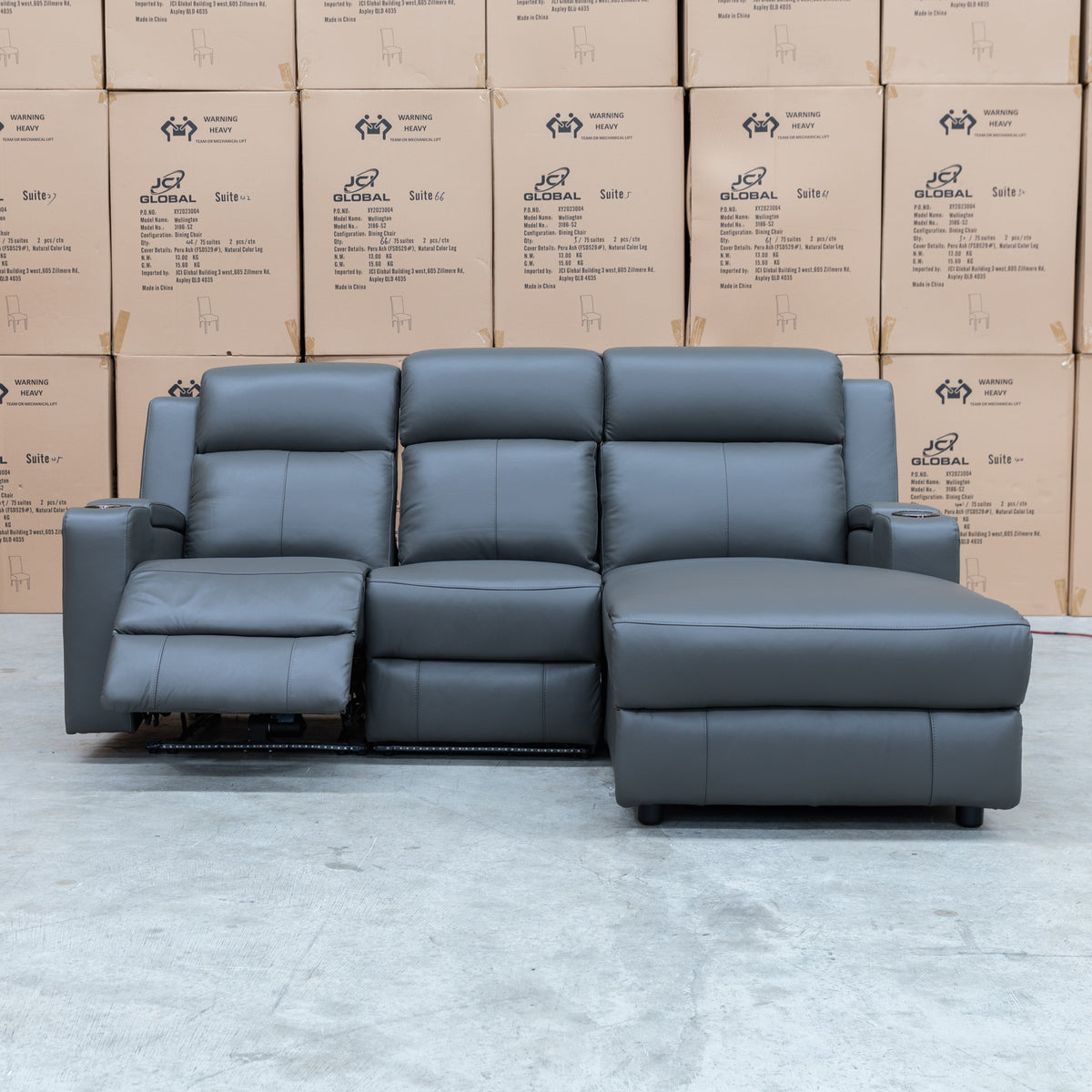 The Xanadu Dual Motor Electric Chaise Lounge - Storm Leather available to purchase from Warehouse Furniture Clearance at our next sale event.