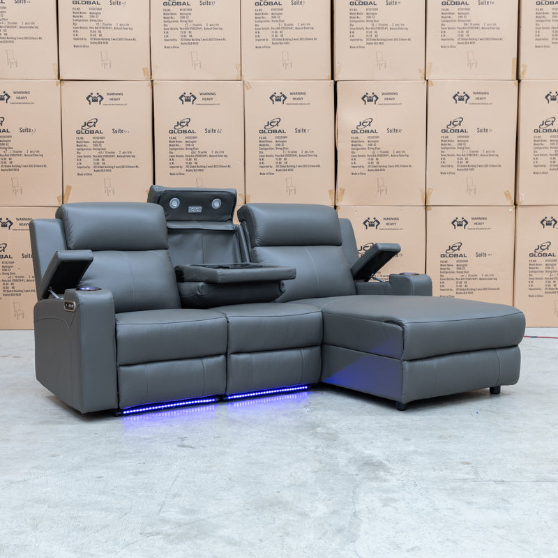 The Xanadu Dual Motor Electric Reclining Chaise Lounge - Storm Leather available to purchase from Warehouse Furniture Clearance at our next sale event.