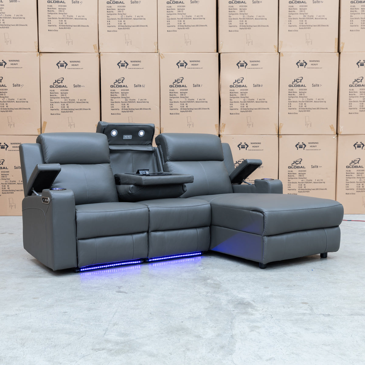 The Xanadu Dual Motor Electric Chaise Lounge - Storm Leather available to purchase from Warehouse Furniture Clearance at our next sale event.
