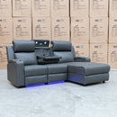 The Xanadu Dual Motor Electric Reclining Chaise Lounge - Storm Leather available to purchase from Warehouse Furniture Clearance at our next sale event.