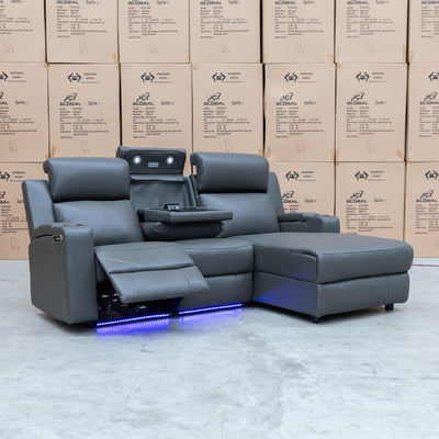 The Xanadu Dual Motor Electric Reclining Chaise Lounge - Storm Leather available to purchase from Warehouse Furniture Clearance at our next sale event.