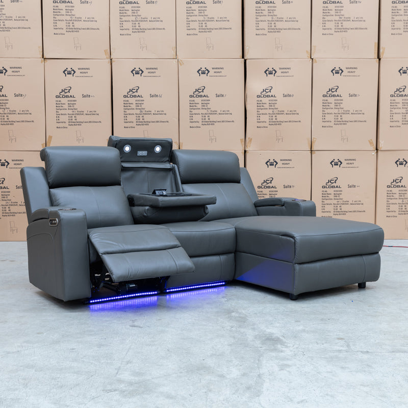 The Xanadu Dual Motor Electric Reclining Chaise Lounge - Storm Leather available to purchase from Warehouse Furniture Clearance at our next sale event.