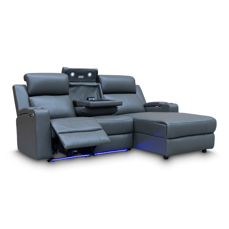 The Xanadu Dual Motor Electric Reclining Chaise Lounge - Storm Leather available to purchase from Warehouse Furniture Clearance at our next sale event.