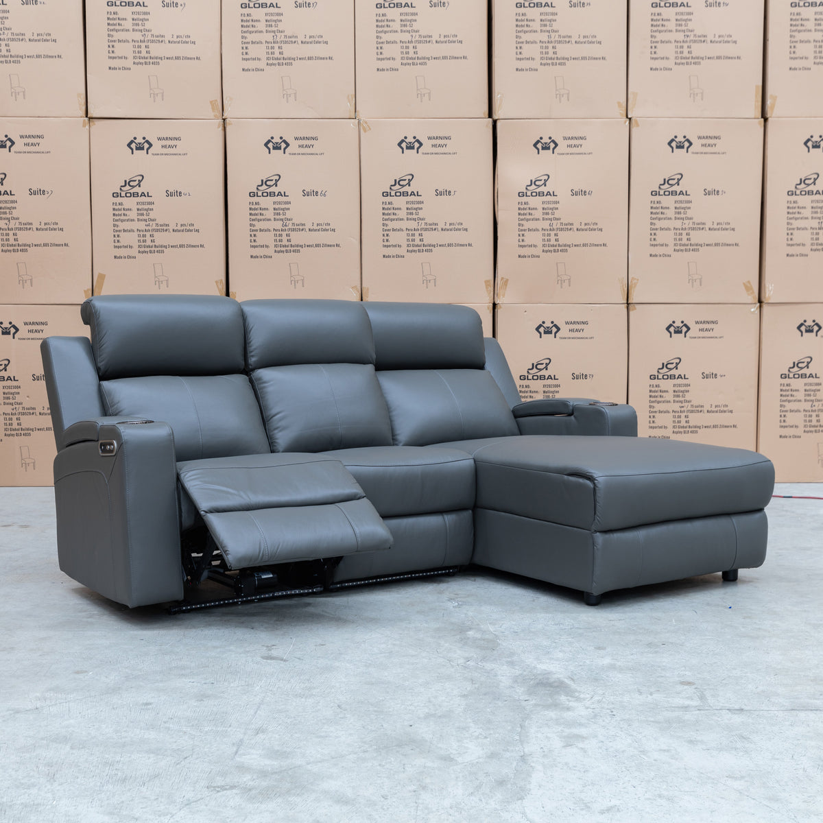 The Xanadu Dual Motor Electric Chaise Lounge - Storm Leather available to purchase from Warehouse Furniture Clearance at our next sale event.