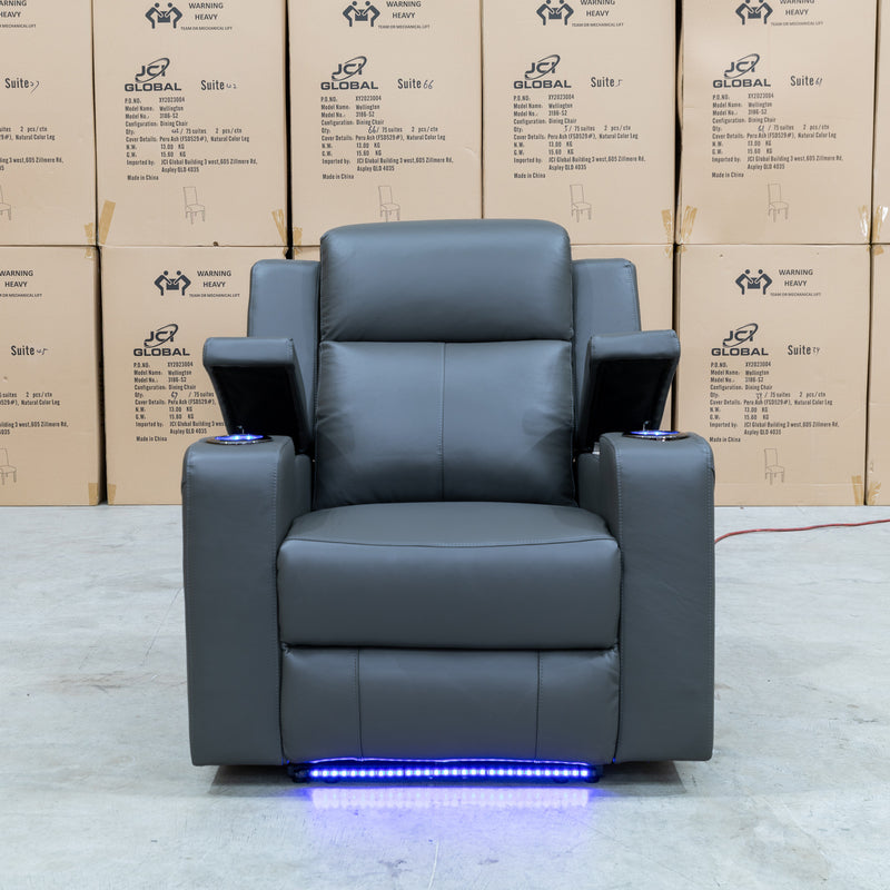 The Xanadu Single Dual Motor Electric Recliner - Storm Leather available to purchase from Warehouse Furniture Clearance at our next sale event.