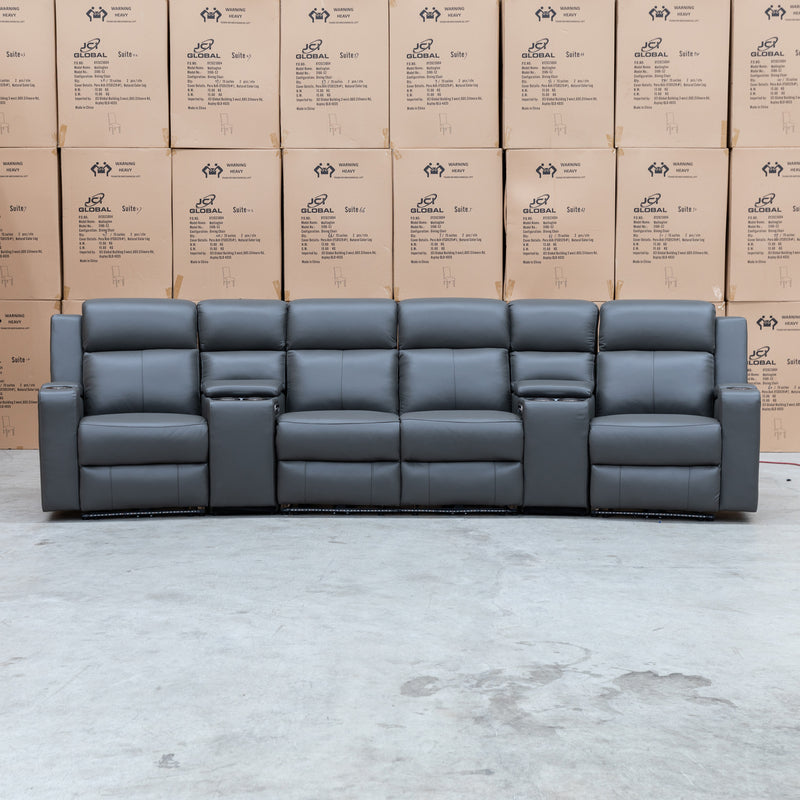 The Xanadu 4 Recliner Dual Motor Electric Theatre Lounge - Storm Leather - Available After 6th November available to purchase from Warehouse Furniture Clearance at our next sale event.