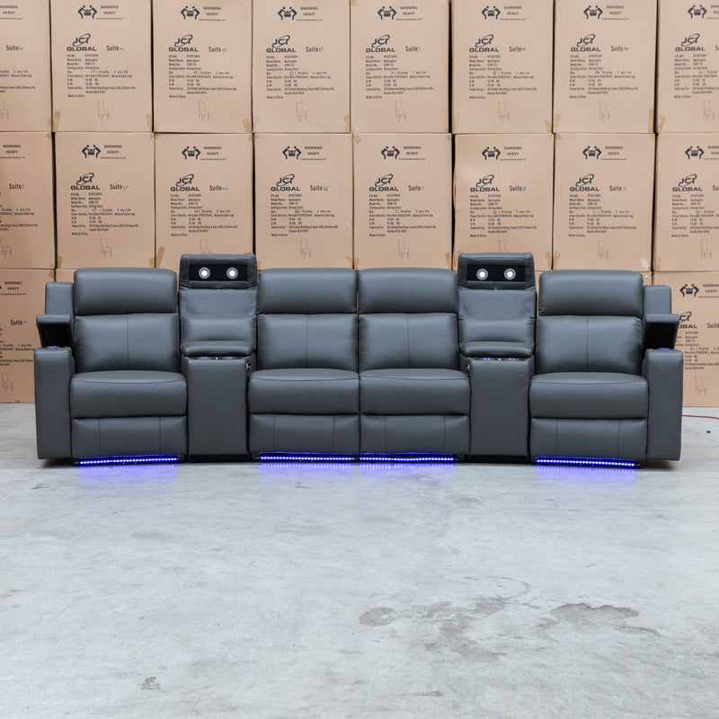 The Xanadu 4 Recliner Dual Motor Electric Theatre Lounge - Storm Leather - Available After 6th November available to purchase from Warehouse Furniture Clearance at our next sale event.