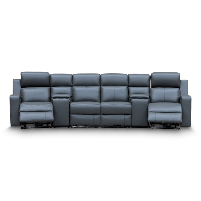 The Xanadu 4 Recliner Dual Motor Electric Theatre Lounge - Storm Leather - Available After 6th November available to purchase from Warehouse Furniture Clearance at our next sale event.