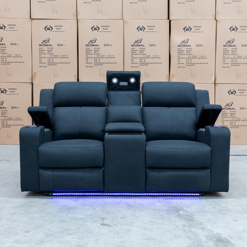 The Xanadu Two Seater Dual Motor Electric Recliner Theatre - Black Rhino Suede available to purchase from Warehouse Furniture Clearance at our next sale event.