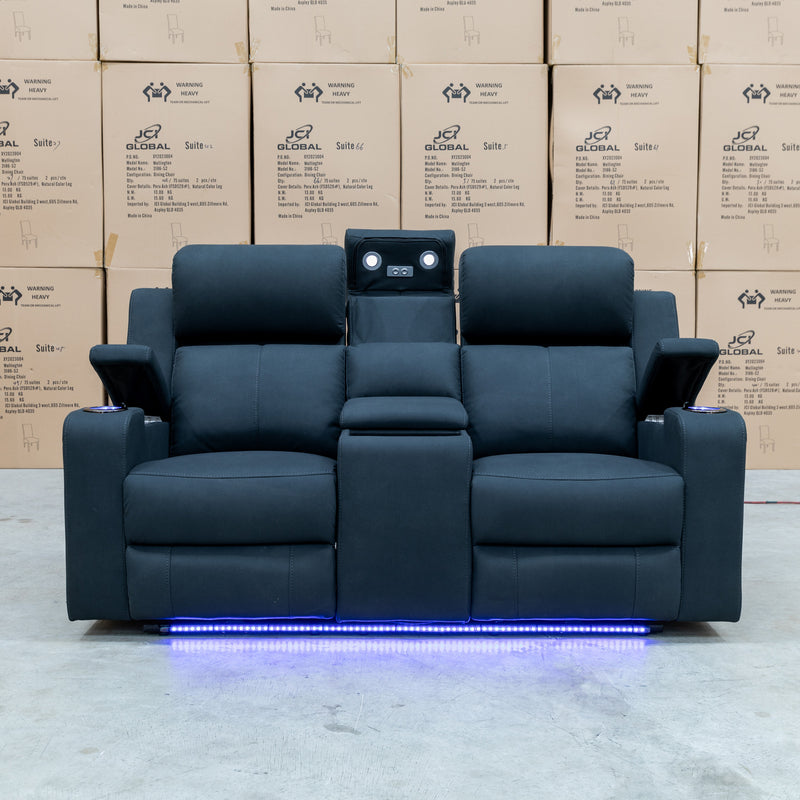 The Xanadu Two Seater Dual Motor Electric Recliner Theatre - Black Rhino Suede available to purchase from Warehouse Furniture Clearance at our next sale event.