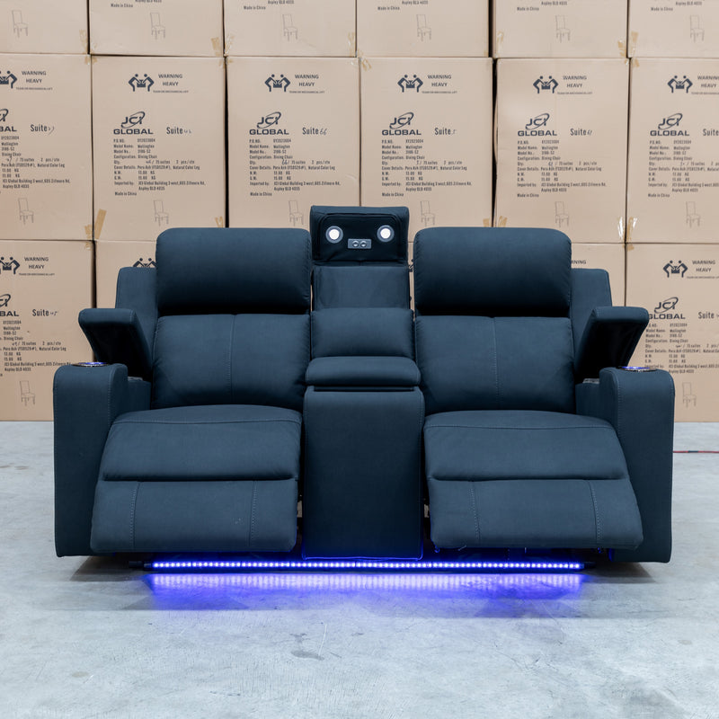 The Xanadu Two Seater Dual Motor Electric Recliner Theatre - Black Rhino Suede available to purchase from Warehouse Furniture Clearance at our next sale event.