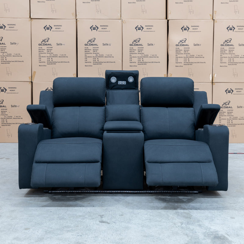 The Xanadu Two Seater Dual Motor Electric Recliner Theatre - Black Rhino Suede available to purchase from Warehouse Furniture Clearance at our next sale event.