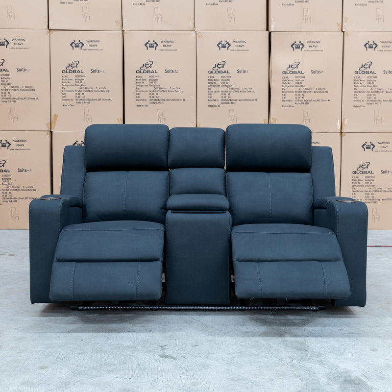 The Xanadu Two Seater Dual Motor Electric Recliner Theatre - Black Rhino Suede available to purchase from Warehouse Furniture Clearance at our next sale event.
