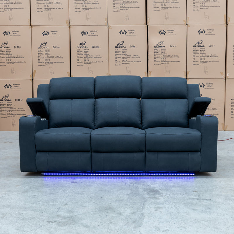 The Xanadu Three Seater Dual Motor Electric Recliner Lounge - Black Rhino Suede available to purchase from Warehouse Furniture Clearance at our next sale event.