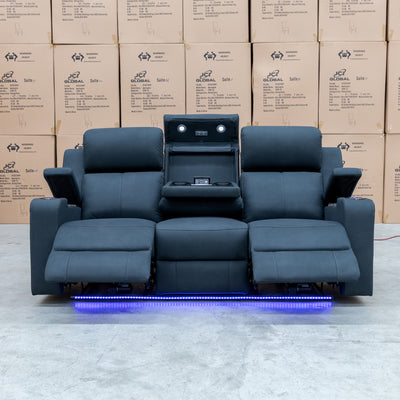 The Xanadu Three Seater Dual Motor Electric Recliner Lounge - Black Rhino Suede available to purchase from Warehouse Furniture Clearance at our next sale event.
