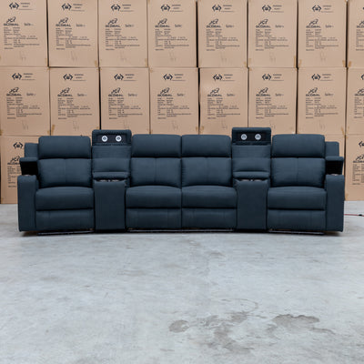 The Xanadu 4 Recliner Dual Motor Electric Theatre Lounge - Black Rhino Suede available to purchase from Warehouse Furniture Clearance at our next sale event.