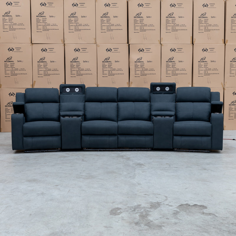 The Xanadu 4 Recliner Dual Motor Electric Theatre Lounge - Black Rhino Suede available to purchase from Warehouse Furniture Clearance at our next sale event.