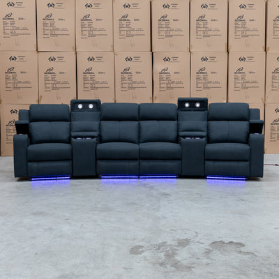 The Xanadu 4 Recliner Dual Motor Electric Theatre Lounge - Black Rhino Suede available to purchase from Warehouse Furniture Clearance at our next sale event.