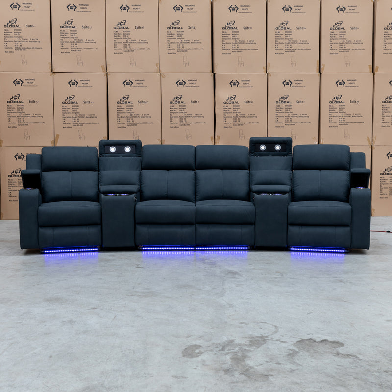 The Xanadu 4 Recliner Dual Motor Electric Theatre Lounge - Black Rhino Suede available to purchase from Warehouse Furniture Clearance at our next sale event.