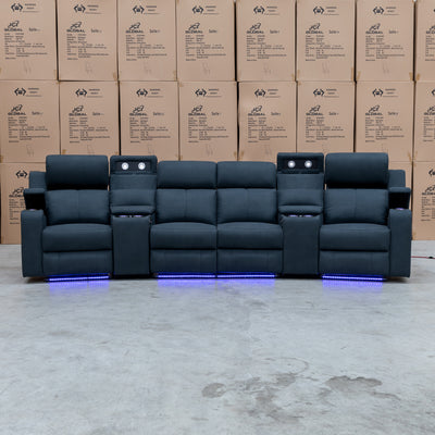 The Xanadu 4 Recliner Dual Motor Electric Theatre Lounge - Black Rhino Suede available to purchase from Warehouse Furniture Clearance at our next sale event.
