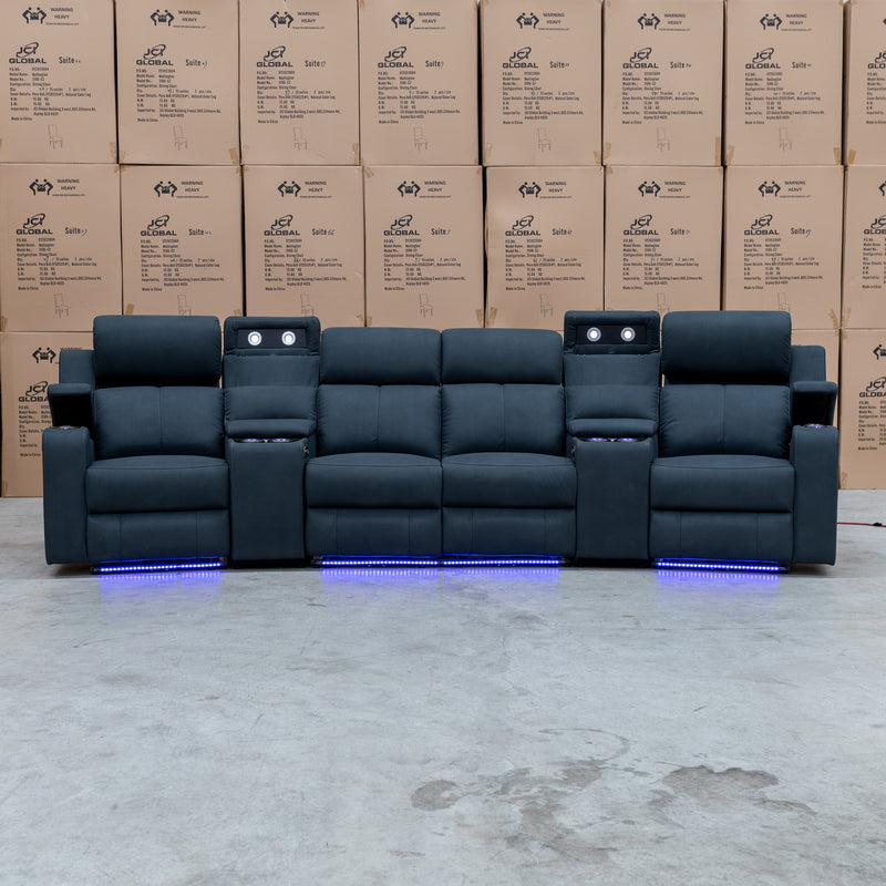 The Xanadu 4 Recliner Dual Motor Electric Theatre Lounge - Black Rhino Suede available to purchase from Warehouse Furniture Clearance at our next sale event.