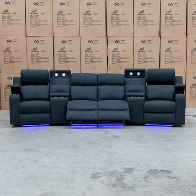 The Xanadu 4 Recliner Dual Motor Electric Theatre Lounge - Black Rhino Suede available to purchase from Warehouse Furniture Clearance at our next sale event.