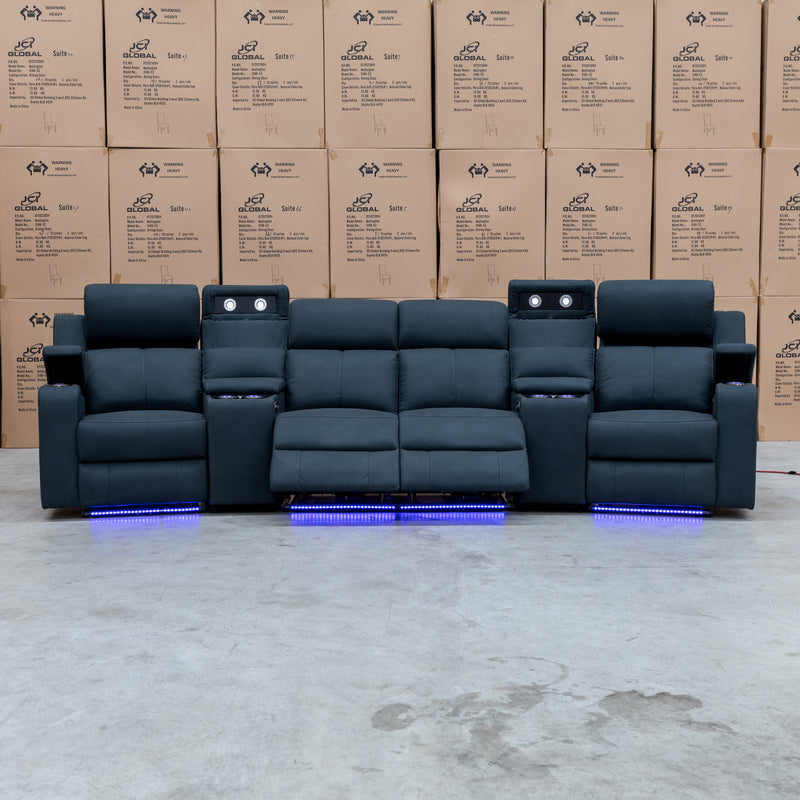 The Xanadu 4 Recliner Dual Motor Electric Theatre Lounge - Black Rhino Suede available to purchase from Warehouse Furniture Clearance at our next sale event.