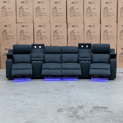 The Xanadu 4 Recliner Dual Motor Electric Theatre Lounge - Black Rhino Suede available to purchase from Warehouse Furniture Clearance at our next sale event.