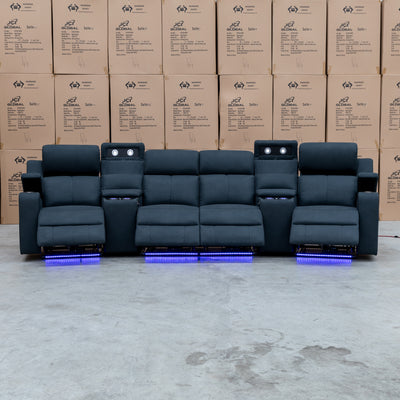 The Xanadu 4 Recliner Dual Motor Electric Theatre Lounge - Black Rhino Suede available to purchase from Warehouse Furniture Clearance at our next sale event.