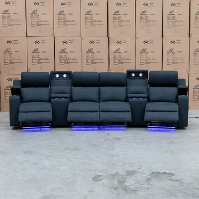 The Xanadu 4 Recliner Dual Motor Electric Theatre Lounge - Black Rhino Suede available to purchase from Warehouse Furniture Clearance at our next sale event.