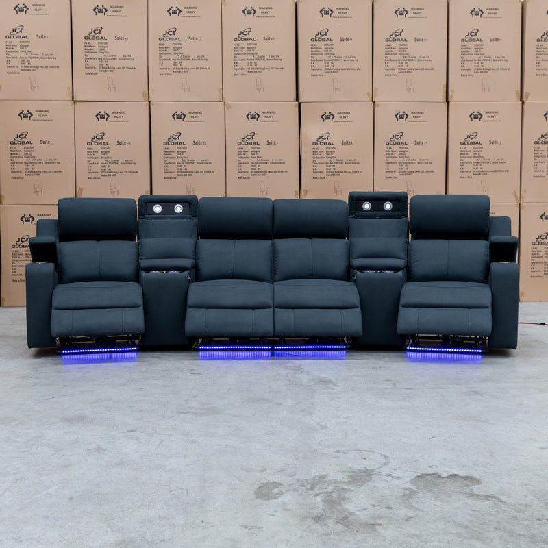 The Xanadu 4 Recliner Dual Motor Electric Theatre Lounge - Black Rhino Suede available to purchase from Warehouse Furniture Clearance at our next sale event.